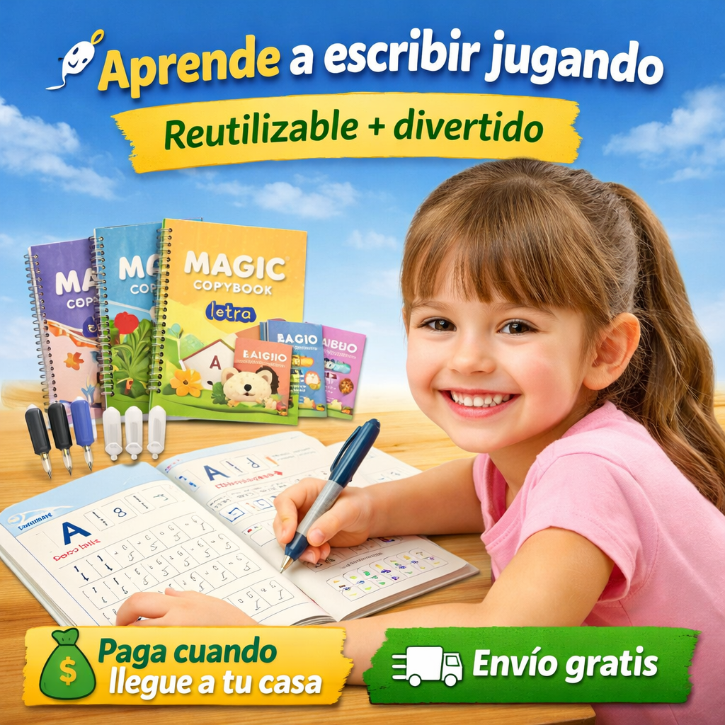 🎒✏️ Kit de Caligrafía Mágica Reutilizable para Niños (Incluye 4 Libros)