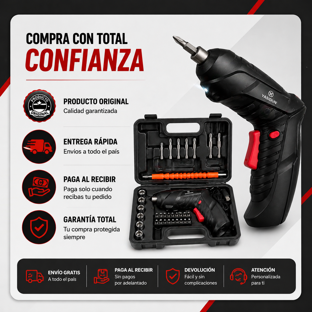 ⚙️ Combo de Herramientas Profesional: Destornillador Eléctrico +(GRATÍS) Set de Raches y 46 Accesorios
