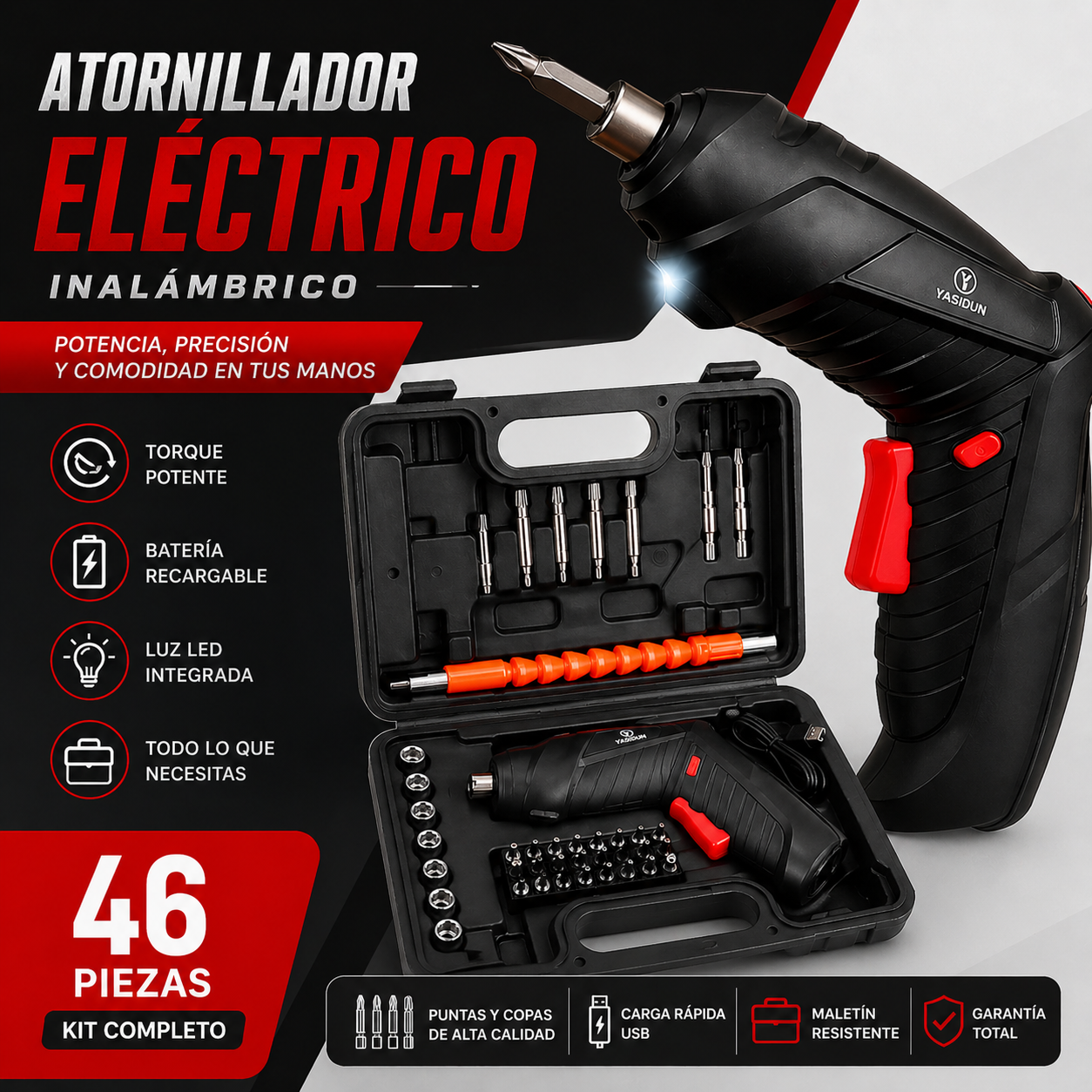 ⚙️ Combo de Herramientas Profesional: Destornillador Eléctrico +(GRATÍS) Set de Raches y 46 Accesorios