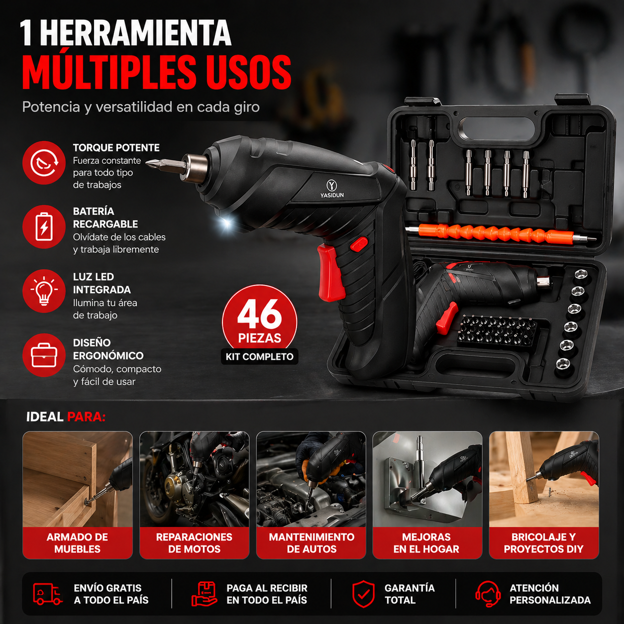 ⚙️ Combo de Herramientas Profesional: Destornillador Eléctrico +(GRATÍS) Set de Raches y 46 Accesorios