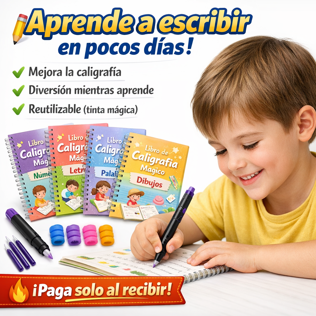 🎒✏️ Kit de Caligrafía Mágica Reutilizable para Niños (Incluye 4 Libros)